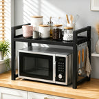 Microwave Oven Rack Expandable Countertop Shelf – Heavy Duty Carbon Steel Stand with 6 Hooks, Adjustable Height & Width, Dust Cover Included