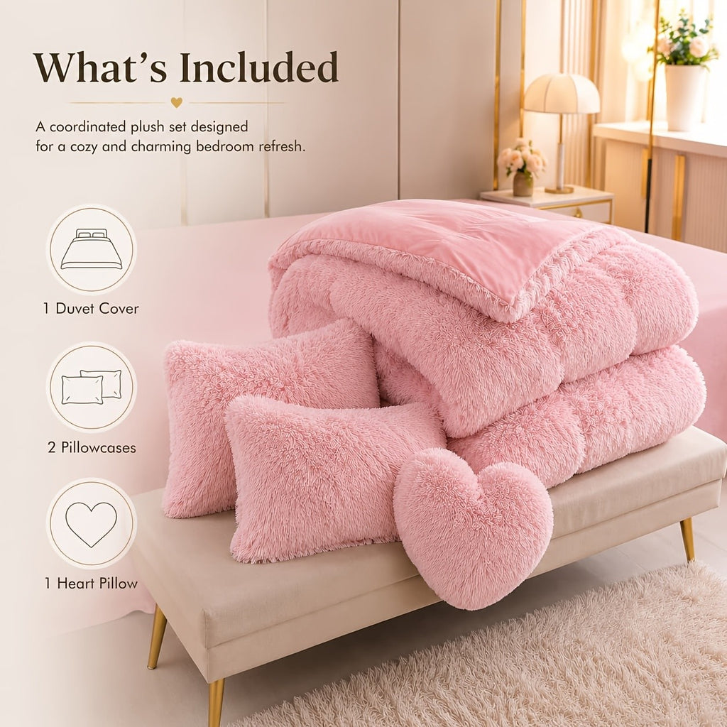 Luxury Fluffy Plush Bedding Set – Soft Duvet Cover, Pillowcases & Throw Pillow, Queen/King, All-Season