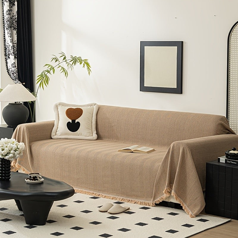 Herringbone Sofa Cover with Tassels – Washable Polyester Throw for 3-Seater, 4-Seater & Large Sofas | Grey, Coffee, Green