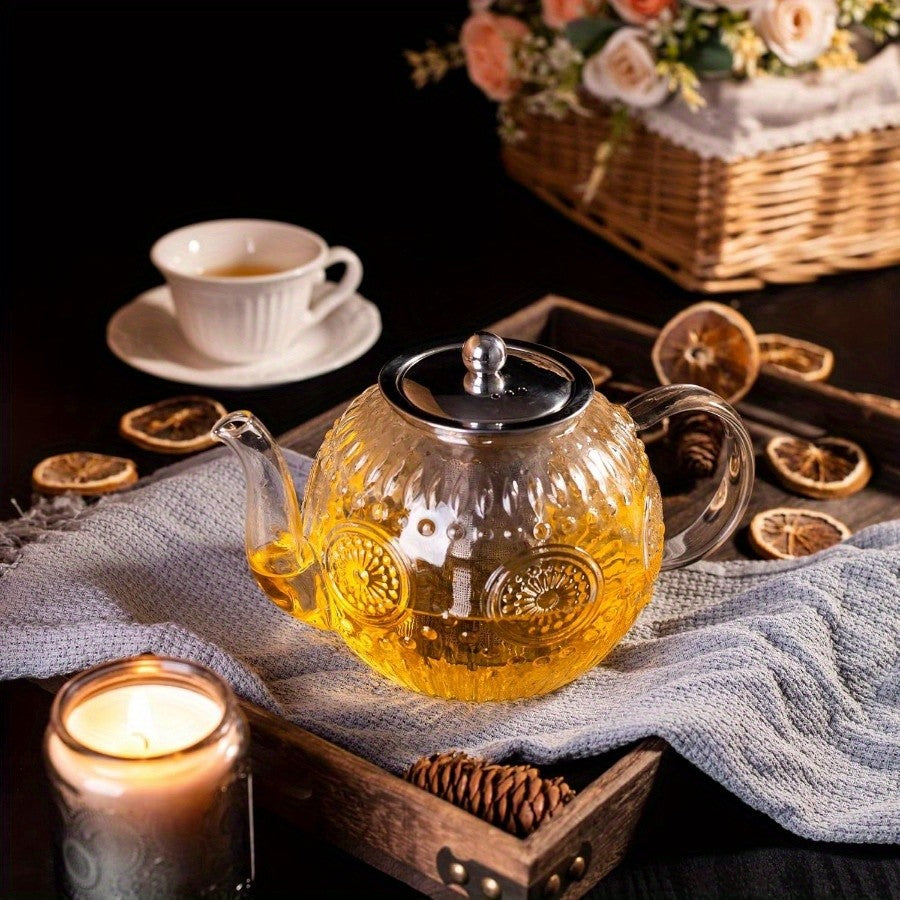 Vintage Glass Teapot with Removable Infuser 50oz 1500ml Stovetop Safe Borosilicate Tea Kettle for Blooming Loose Leaf Herbal Tea Sunflower Relief Design