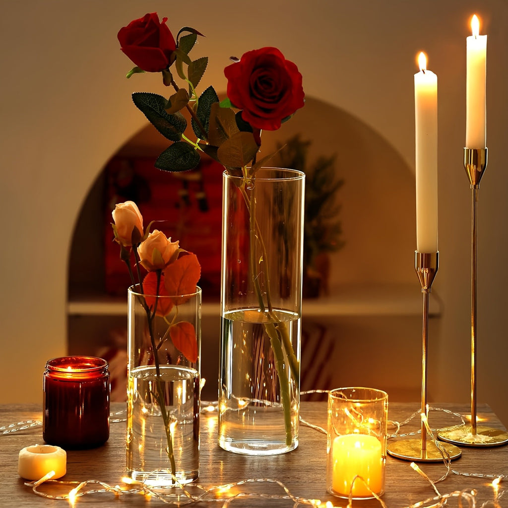 Clear Glass Cylinder Vases 24-Pack 3 Sizes 4/8/12 Inch - Tall Flower Vases, Hurricane Floating Candle Holders for DIY Candle Making, Wedding Table Centerpieces & Home Decor