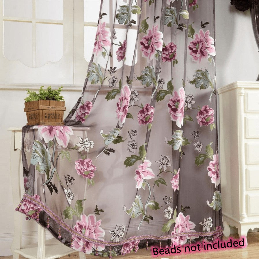 Peony Floral Sheer Curtains Grommet Top – Tulle Voile Light Filtering Drapes for Bedroom Living Room, Purple Pink, Set of 2 Panels