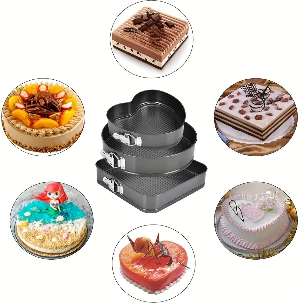 Springform Cake Pan Set 6pcs Nonstick Carbon Steel – Heart, Round & Square Cheesecake Pans 7–11 Inch with Removable Bottom for Mousse, Cheesecake & Layer Cakes