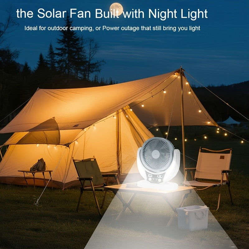 Portable Solar-Powered LED Camping Fan with USB Charging – Foldable 3-in-1 Fan, Light & USB Charger for Outdoor Adventures, Camping & Desktop Use