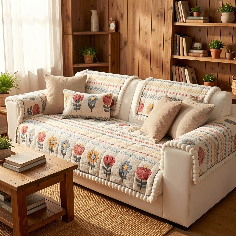 Bohemian Floral Plush Sofa Cover Thick Milk Fleece Quilted Couch Protector with Decorative Pillow Covers – Machine Washable Warm Cozy Cover for 1-4 Seater Sofa, Living Room Decor