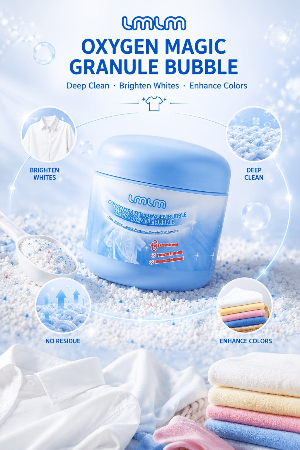 Oxygen Bubble Concentrated Detergent Powder 14.1oz Deep Clean Whitening White Clothes Color Boost HE Safe Septic Safe Laundry Powder for All Washing Machines
