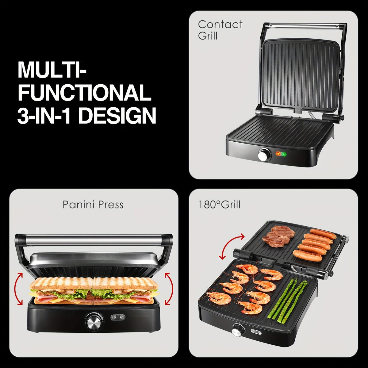 1200W Panini Press & Sandwich Maker 4-Slice Non-Stick Grill, 180° Flat Open, Adjustable Temp 120–428°F, Removable Drip Tray, LED Indicator, Cool-Touch Handle