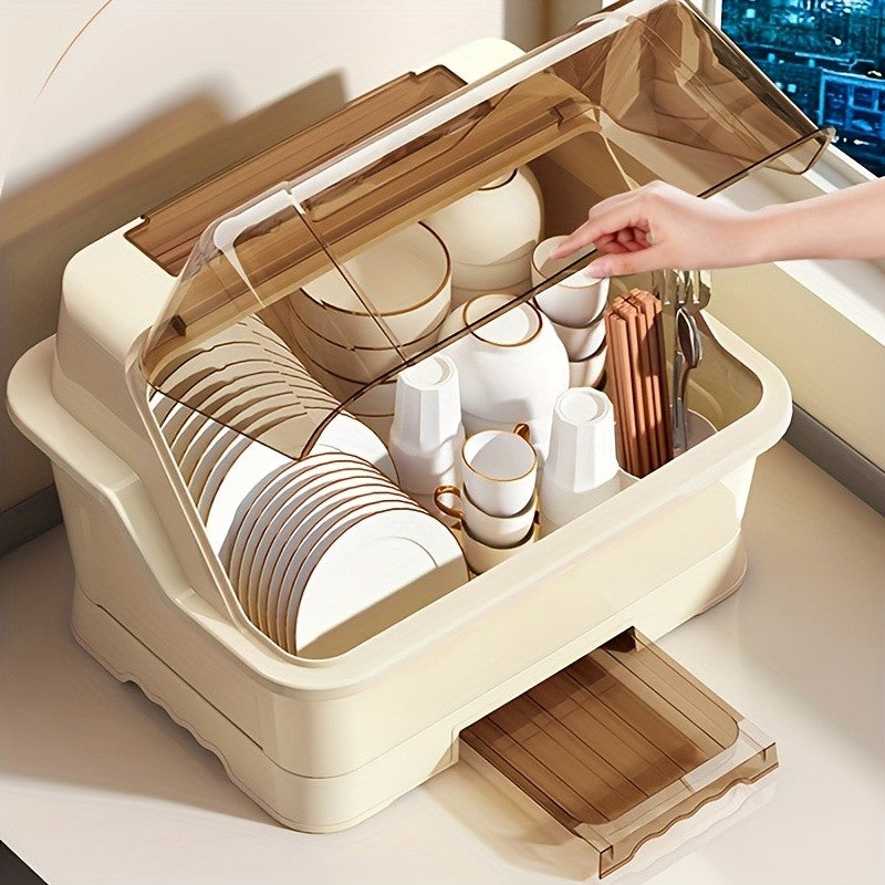 Covered Dish Organizer & Cutlery Holder with Drain Plate - Space-Saving Countertop Rack, Dust-Proof, Cream, Large & Extra Large