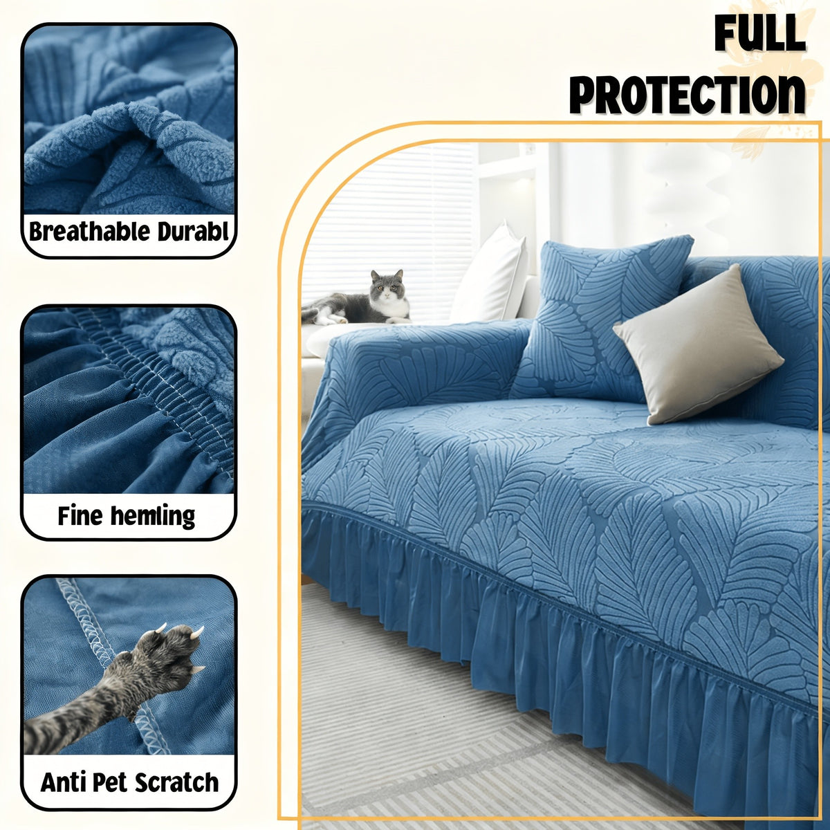 3D Jacquard Sofa Slipcover Full Cover with Elastic Skirt, Pet Proof Anti-Slip Couch Protector for 1 2 3 4 Seater Living Room Sofa, Machine Washable, Gray & Blue, 35 to 118 Inch