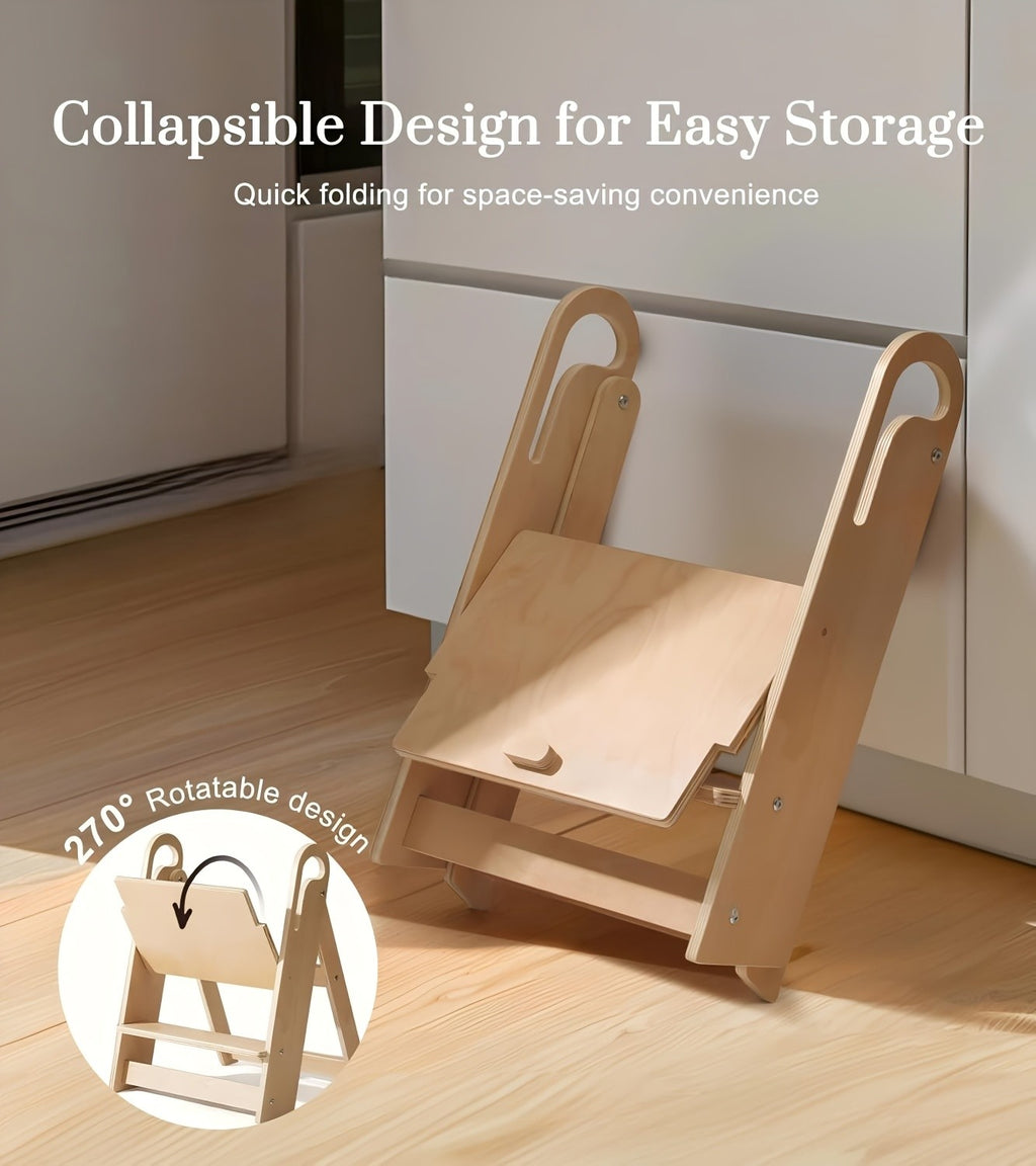 Kids Step Stool Foldable Anti-Slip Double Tier with Handle – Natural Wood Finish Children's Step Stool for Bathroom, Kitchen, Bedroom & Countertops