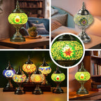 Handmade Turkish Mosaic Table Lamp 3-Color Dimming Glass Bedside Lamp with Metal Base - USB Powered Boho Decorative Light for Bedroom Living Room - Bulb Included, Ready to Use