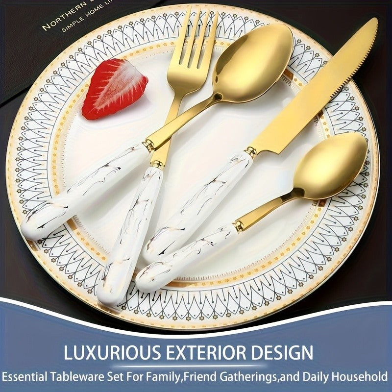 Marble Pattern Cutlery Set 24 Piece Polished Flatware Dinner Forks Soup Spoons Teaspoons for Home Restaurant Hotel Outdoor Dining Black Pink White Green