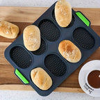Silicone Bread Baking Pan 8-Cavity Non-Stick Perforated French-Style Mold – Food-Grade Mini Bread Tray with Handle for Homemade Rolls, Hot Dog Buns & Dinner Rolls, Dishwasher & Oven Safe
