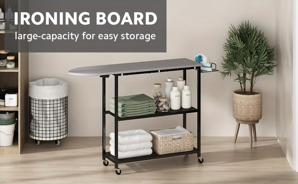3-Tier Rolling Ironing Board Cart with Storage Shelves & Wheels – Mobile Laundry Station with Foldable Ironing Board, Iron Holder & Lockable Casters for Home Laundry Room, Bedroom & Living Room