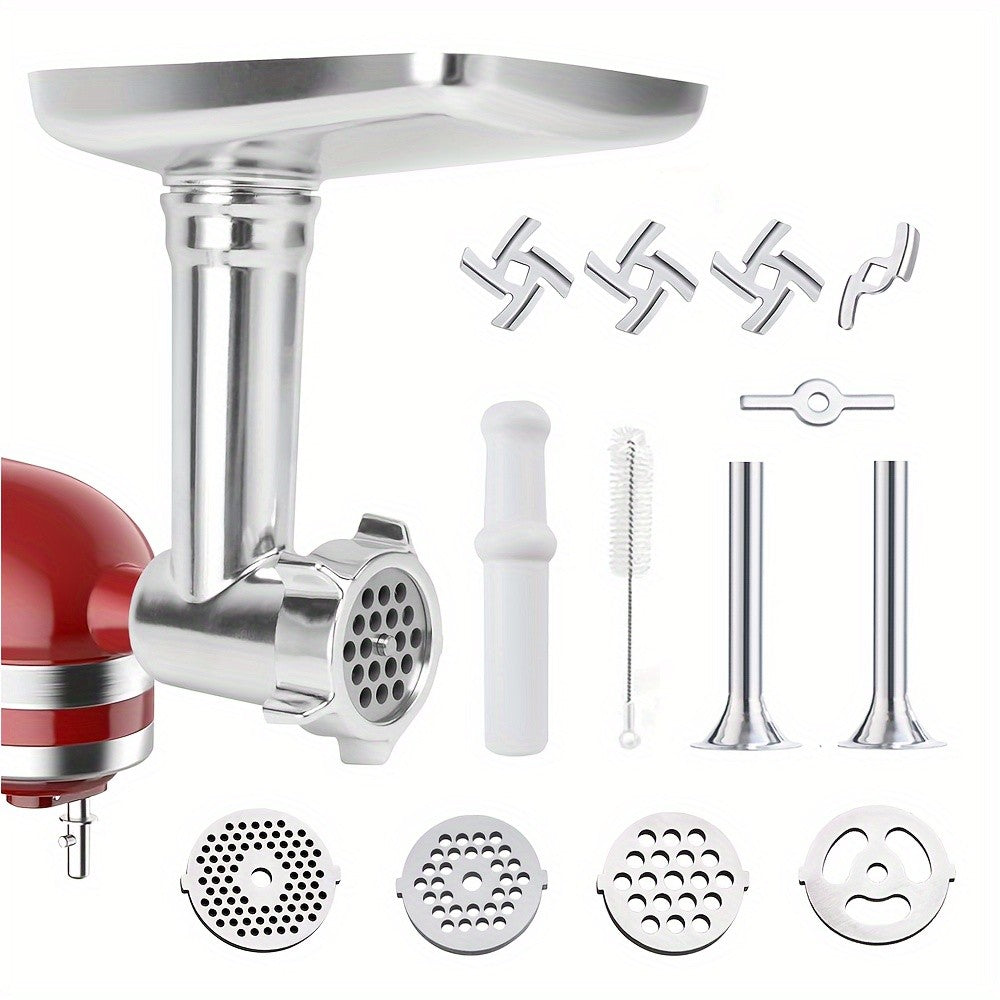 Meat Grinder Attachment for KitchenAid Stand Mixers, Metal Food Grinder with 4 Grinding Plates, 4 Blades, 2 Sausage Stuffer Tubes & Cleaning Brush — Fits All KitchenAid Models, Perfect Kitchen Gift