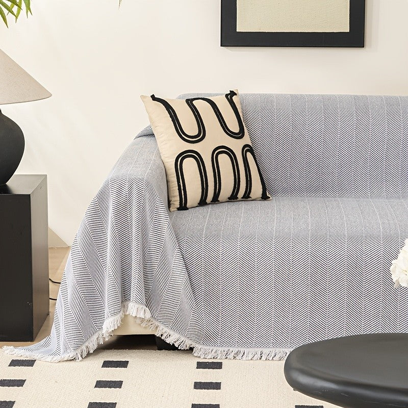 Herringbone Sofa Cover with Tassels – Washable Polyester Throw for 3-Seater, 4-Seater & Large Sofas | Grey, Coffee, Green