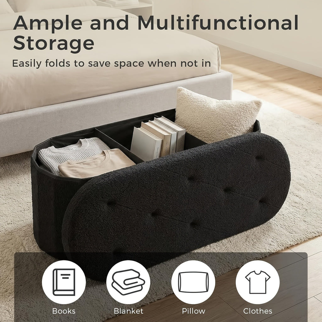 Folding Storage Ottoman Bench – Oval Round Cushioned Foot Stool with Storage Chest, 250 lb Capacity, 30" & 43", Black & White