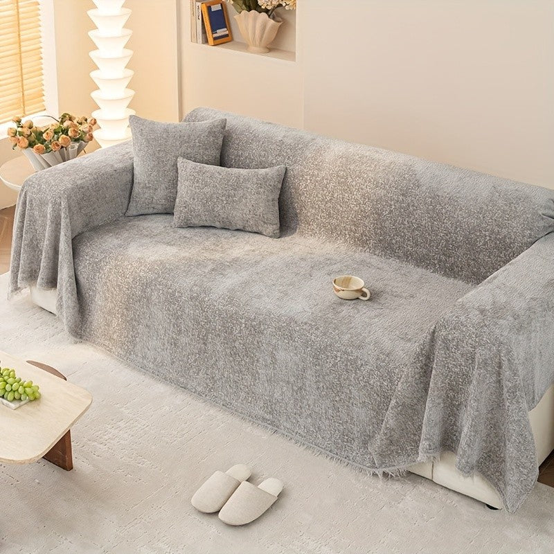 Soft Chenille Sofa Throw Cover with Fringes Durable Pet-Friendly Solid Couch Protector Slipcover for Living Room Sectional Armchair Home Decoration