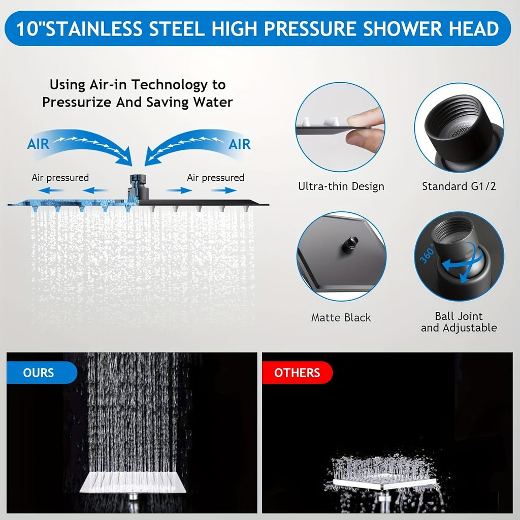 3-Way Rain Shower Head System Dual Heads with Handheld Spray High Pressure Extension Arm 8 10 12 Inch Black Chrome