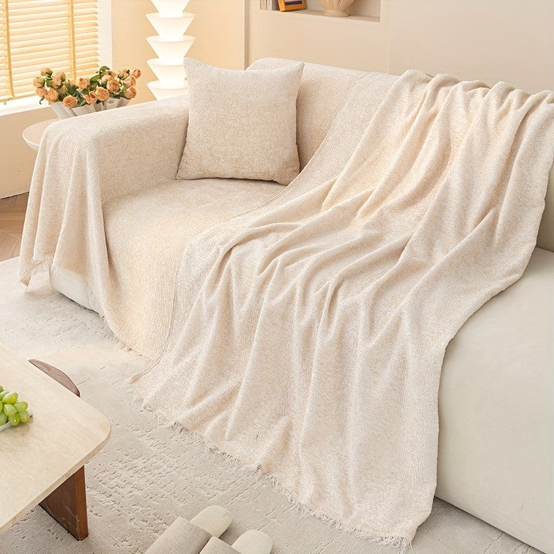 Soft Chenille Sofa Throw Cover with Fringes Durable Pet-Friendly Solid Couch Protector Slipcover for Living Room Sectional Armchair Home Decoration