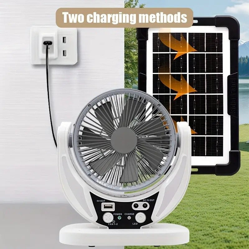 Portable Solar-Powered LED Camping Fan with USB Charging – Foldable 3-in-1 Fan, Light & USB Charger for Outdoor Adventures, Camping & Desktop Use