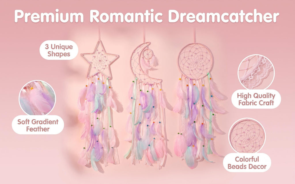 Dream Catcher Wall Decor Set of 3 – Star Moon Sun Boho Room Decor for Teen Girls & Kids Bedroom