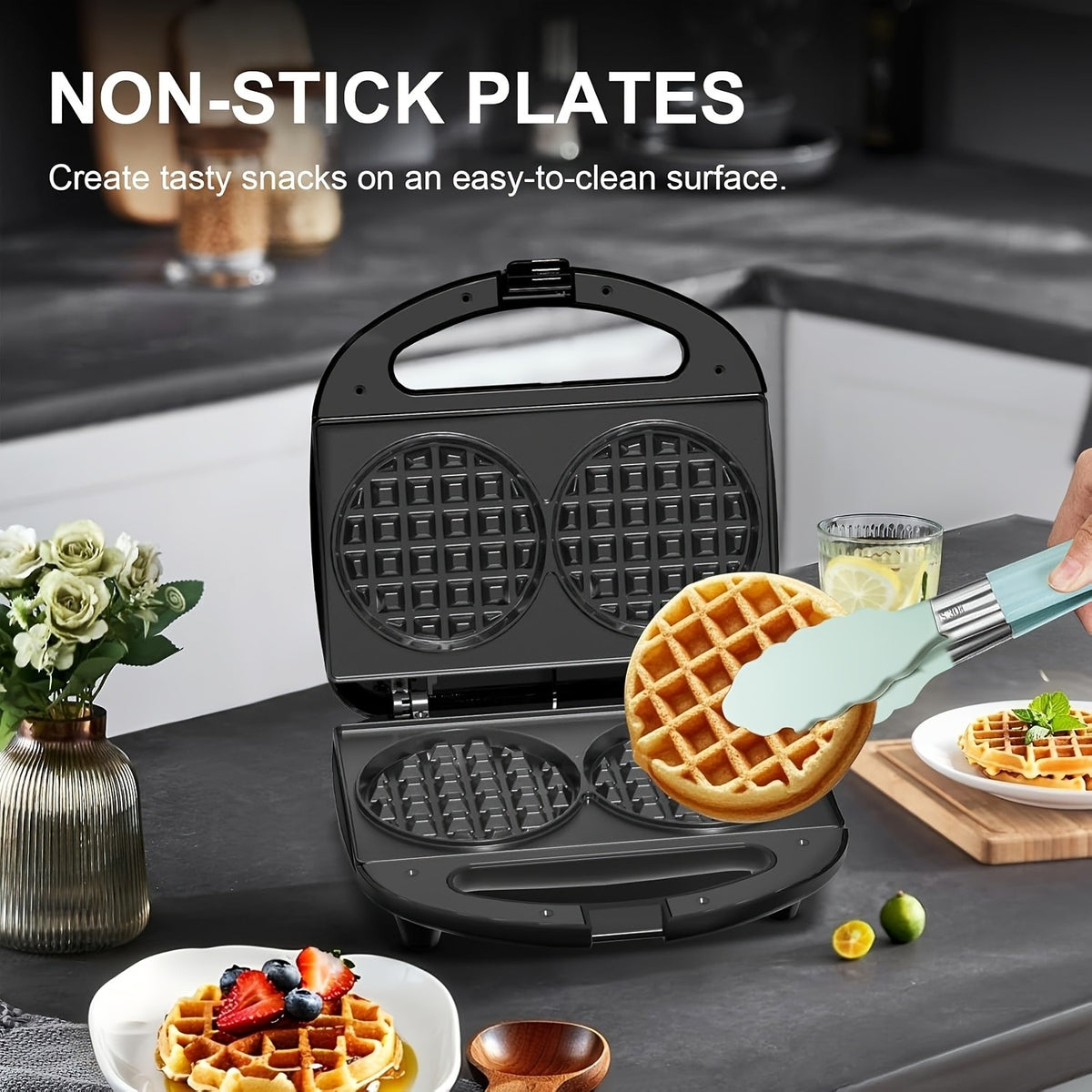 Mini Waffle Maker Makes 8 Bite-Size 2-Inch Waffles Dual Non-Stick Plates Cool Touch Handle Compact Family Breakfast Maker