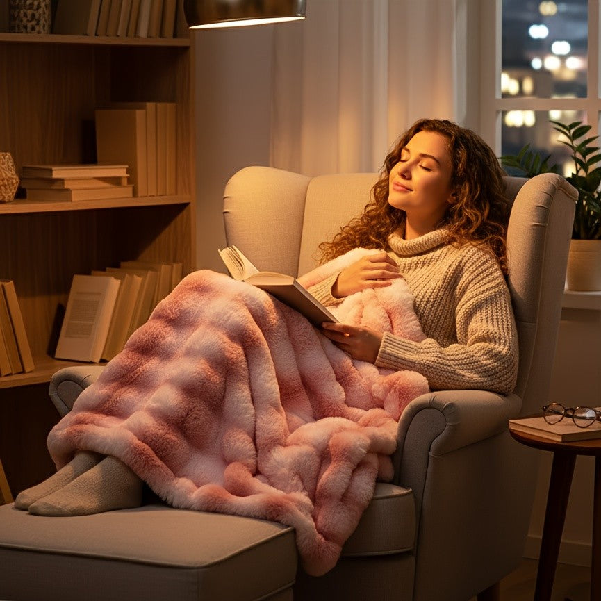 Luxury Faux Rabbit Fur Throw Blanket – Super Soft Plush Warm Blanket for Couch Bed Office Travel, 4 Colors, Throw Twin Queen King, All-Season Gift