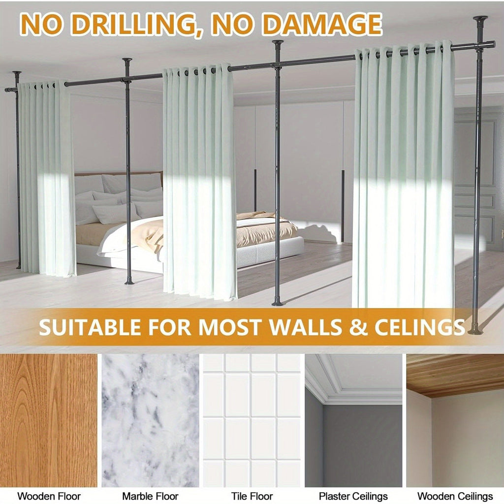 Adjustable Tension Room Divider Curtain Rod – No Drilling, 28–171" Wide, 4–10 ft Floor-to-Ceiling, Heavy Duty, Black & White (Curtains Not Included)