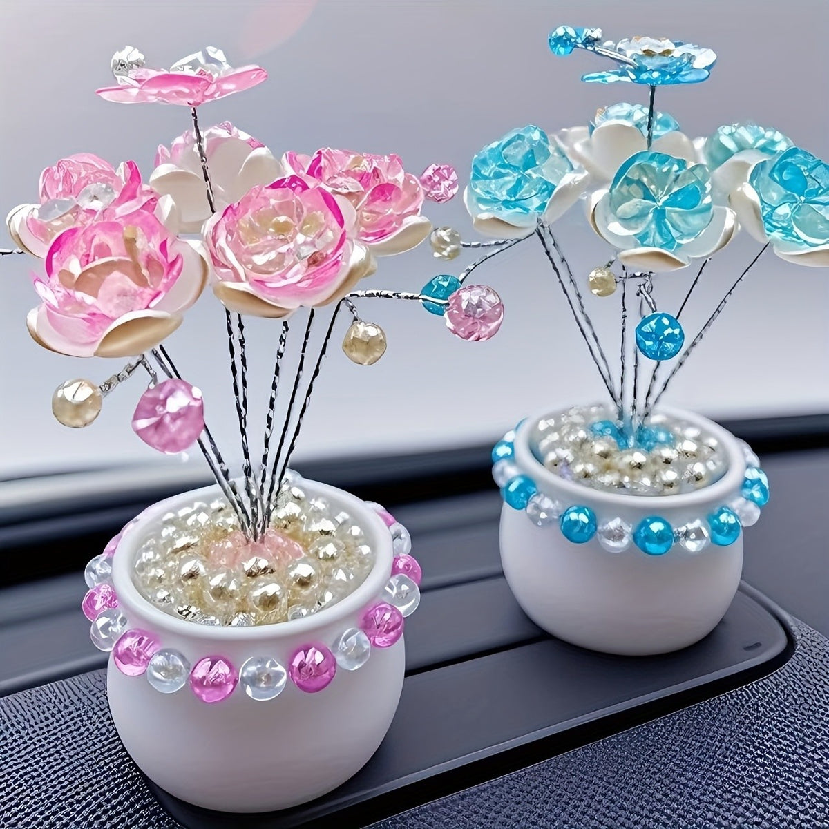Crystal Simulation Flower Decoration Set of 2 - Handmade Faux Crystal Flowers for Car Center Console Home Decor and Desk - Elegant Gift for Mothers Day Birthday and Valentines Day Holiday Parties