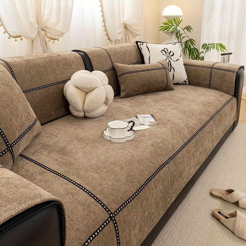 Chenille Sofa Seat Cover Non-Slip Pet Friendly Machine Washable All Season - Sofa Cushion Cover with Lace Belt for 1 2 3 4 Seater Armrest Backrest 3 Colors