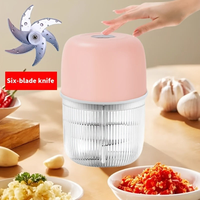 USB Rechargeable Electric Garlic Chopper Mini Portable Food Chopper 6-Blade – Chop Garlic, Ginger, Onion, Chili, Fruits & Meat with One Press | 800mAh Battery