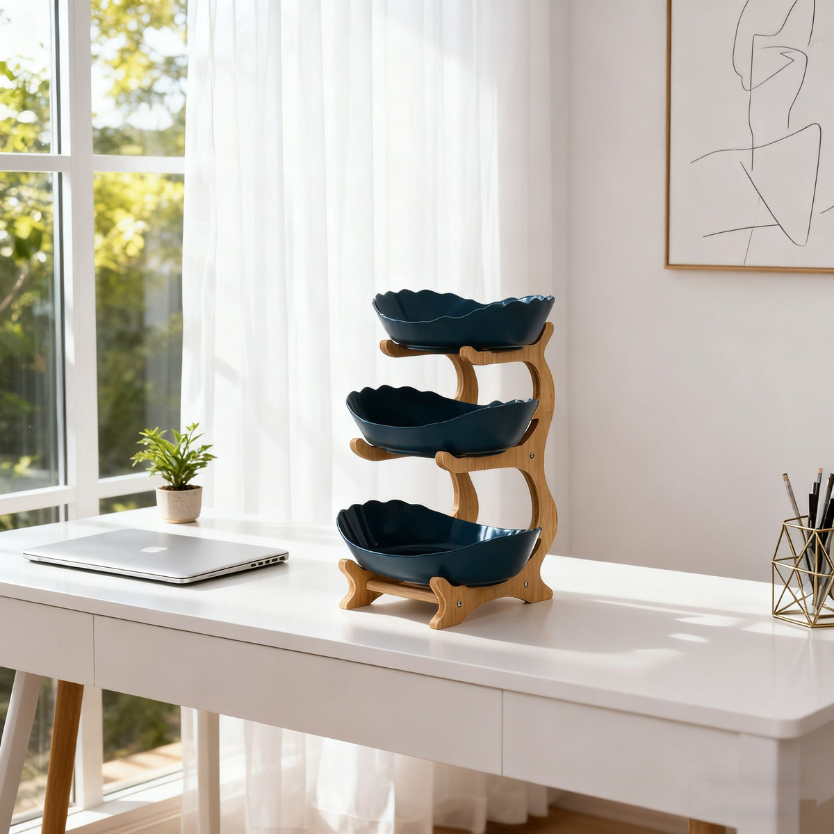 Stackable Tiered Fruit Plate with Wood-Look Design, 2 or 3 Tier Plastic Serving Tray Stand for Snacks, Bread & Fruit, Space-Saving Living Room Kitchen Countertop Organizer, Easy to Assemble