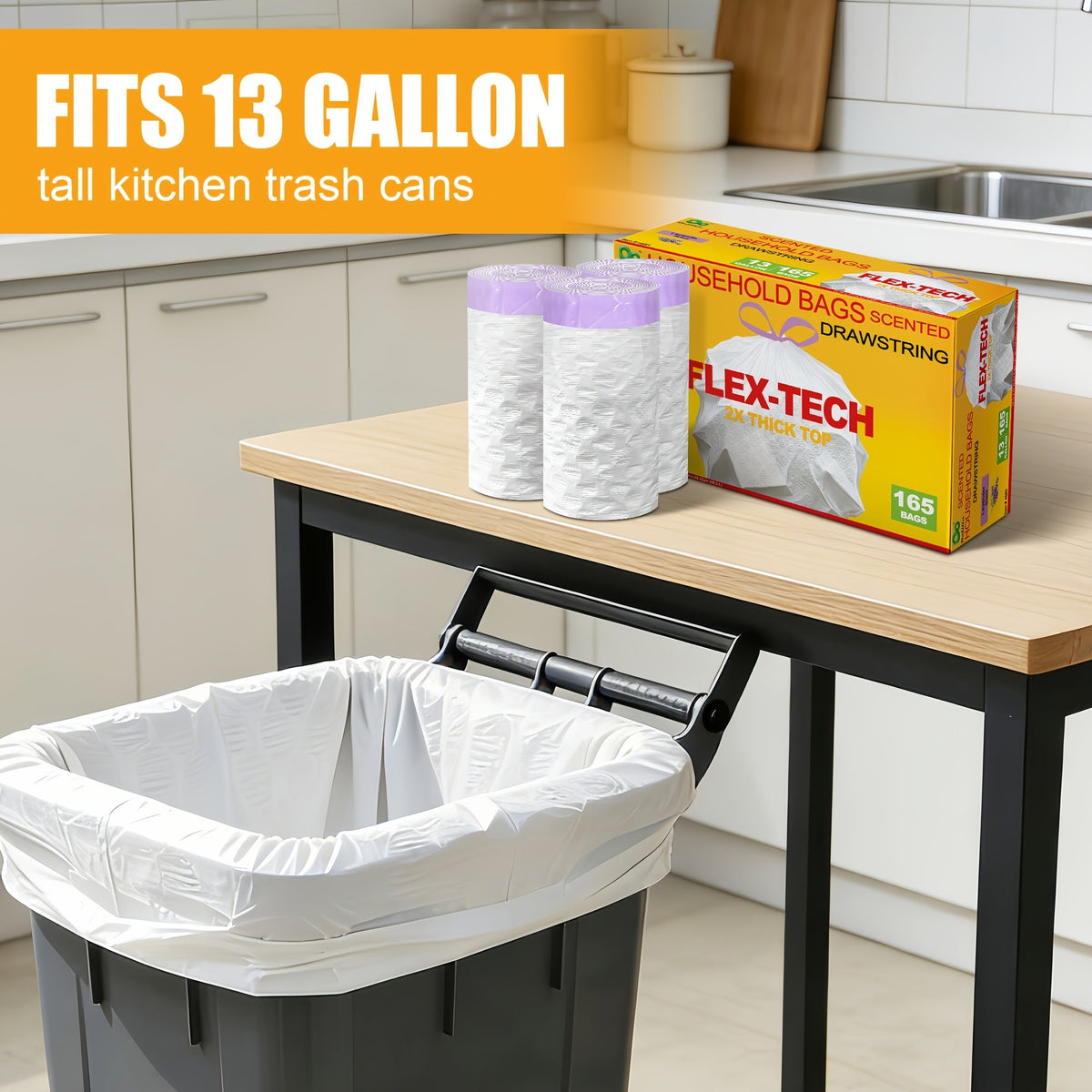 Lavender Scented Trash Bags 13 Gallon 55, 110 or 165 Count – Heavy-Duty Drawstring Garbage Bags, Expandable Leak-Proof Puncture-Resistant, Kitchen & Home Waste Bags White
