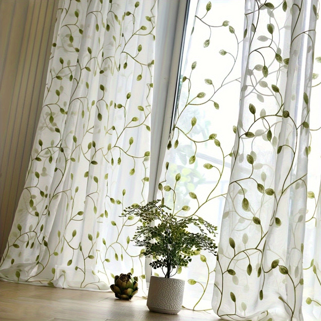 Ivy Leaf Embroidery Sheer Curtains Set of 2, White Gauze Green Botanical Rod Pocket Panels for Living Room Bedroom, 3 Sizes