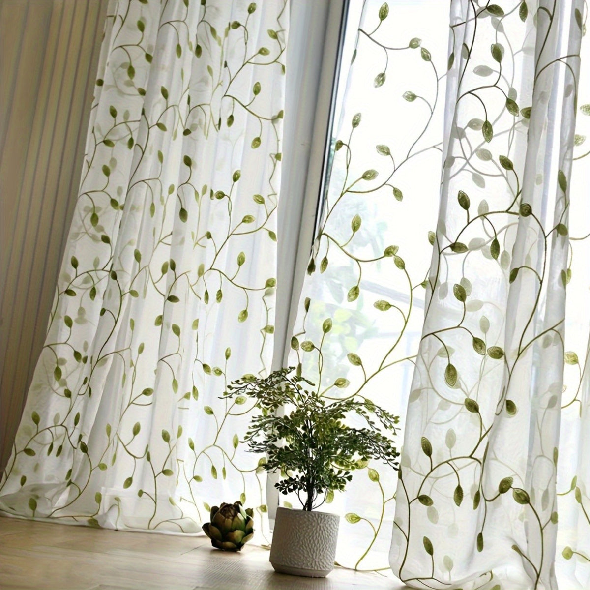 Ivy Leaf Embroidery Sheer Curtains Set of 2, White Gauze Green Botanical Rod Pocket Panels for Living Room Bedroom, 3 Sizes