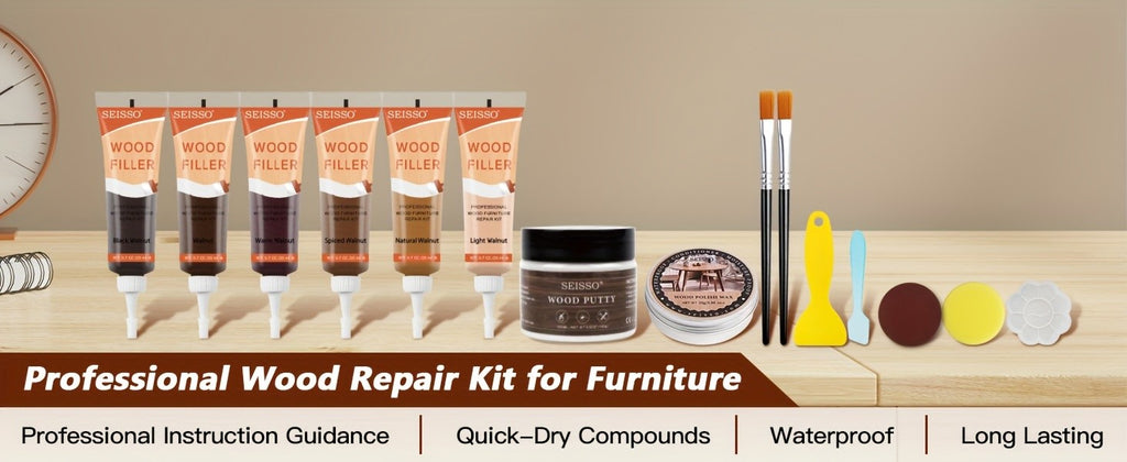Wood Furniture Repair Kit 14 Piece Scratch Repair Filler Wood Putty Wax Touch Up Kit for Hardwood Floors Laminate Tables Doors Cabinets Walnut Colors Restore Cracks Holes