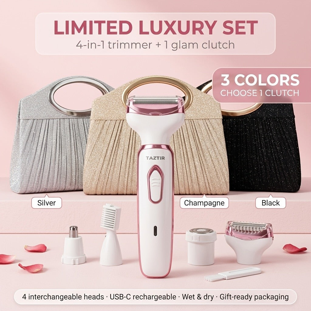4-in-1 Electric Shaver for Women Rechargeable Grooming Kit Wet Dry Painless Lady Razor for Face Nose Legs Underarm Bikini Trimmer Luxury Gift Set