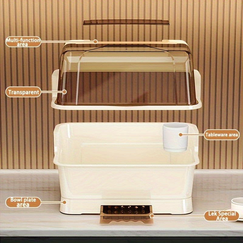 Covered Dish Organizer & Cutlery Holder with Drain Plate - Space-Saving Countertop Rack, Dust-Proof, Cream, Large & Extra Large