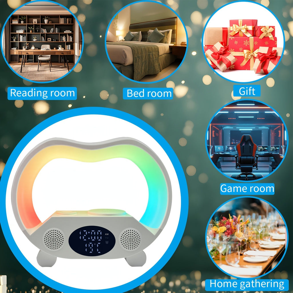 RGB Night Light 6 in 1 Wireless Speaker Alarm Clock Wireless Charging Phone Watch Temperature Display Bedroom Teen Gift Halloween Christmas Decor Black White