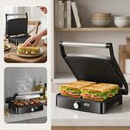 1200W Panini Press & Sandwich Maker 4-Slice Non-Stick Grill, 180° Flat Open, Adjustable Temp 120–428°F, Removable Drip Tray, LED Indicator, Cool-Touch Handle