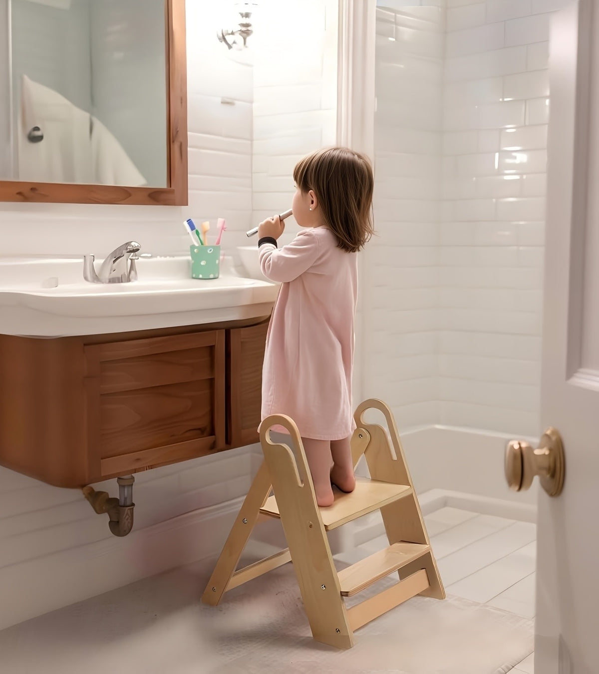 Kids Step Stool Foldable Anti-Slip Double Tier with Handle – Natural Wood Finish Children's Step Stool for Bathroom, Kitchen, Bedroom & Countertops