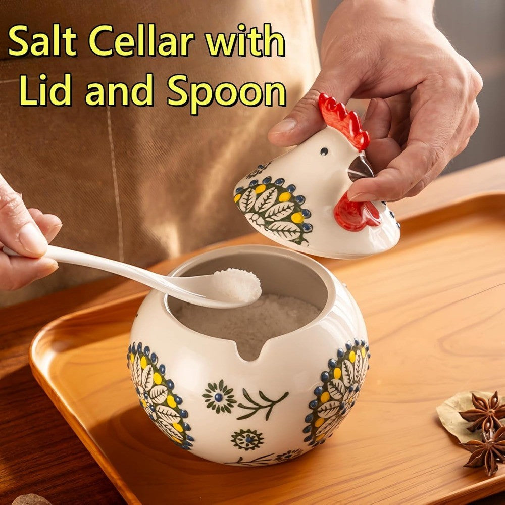 Handmade Ceramic Salt Jar with Airtight Lid & Spoon – 13oz Countertop Organizer for Salt, Sugar & Spices, Decorative Kitchen Storage Canister, Chef’s Gift, Blue, Red or Green