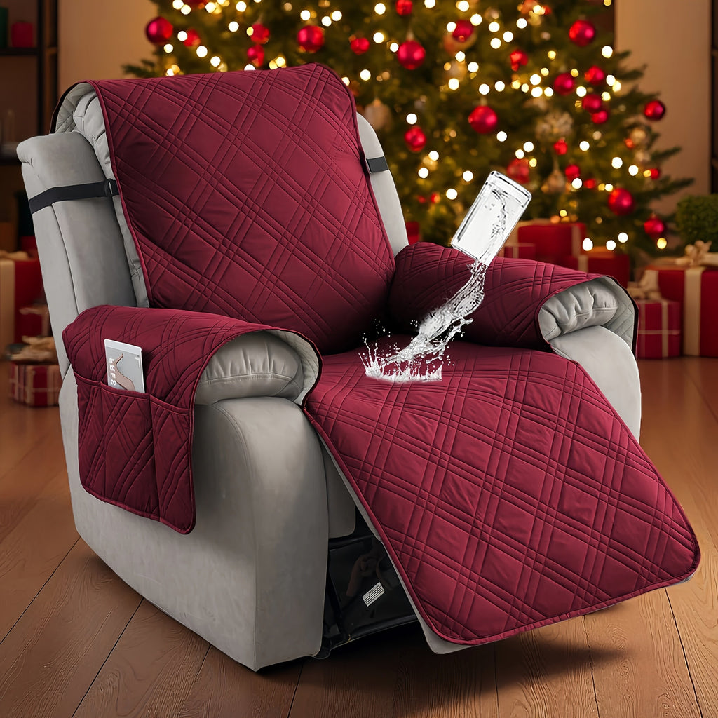 Quilted Recliner Chair Cover with Pocket Non-Slip Hook Loop Closure - 100% Polyester Washable Reclining Chair Slipcover Furniture Protector for Pets Dogs Cats, Easy Install, 9 Colors