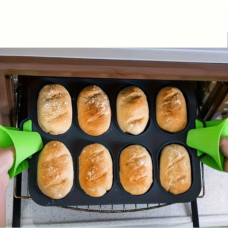 Silicone Bread Baking Pan 8-Cavity Non-Stick Perforated French-Style Mold – Food-Grade Mini Bread Tray with Handle for Homemade Rolls, Hot Dog Buns & Dinner Rolls, Dishwasher & Oven Safe