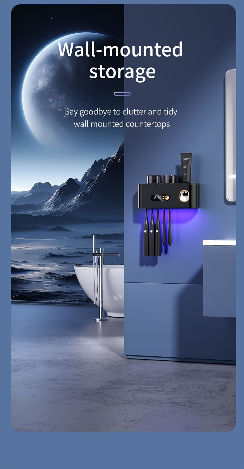 Smart Toothbrush Sterilizer & Organizer with Automatic Toothpaste Dispenser, 5-Slot Holder, 2 Rinse Cups, USB Rechargeable & Clock Display – Modern Bathroom Caddy