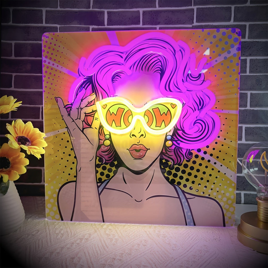 WOW Neon Sign Wall Decor with Curly Hair Girl – USB Powered UV Printed Neon Light for Bedroom, Bar & Party Decor, Single Color