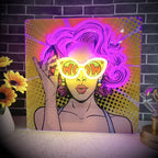WOW Neon Sign Wall Decor with Curly Hair Girl – USB Powered UV Printed Neon Light for Bedroom, Bar & Party Decor, Single Color
