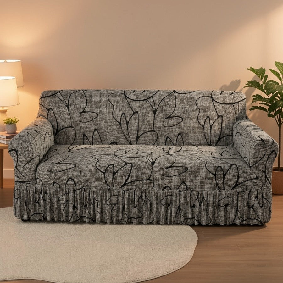Elastic Sofa Cover with Printed Skirt - Universal Stretch Couch Slipcover Furniture Protector 2 3 4 Seater Living Room Bedroom Office All Seasons