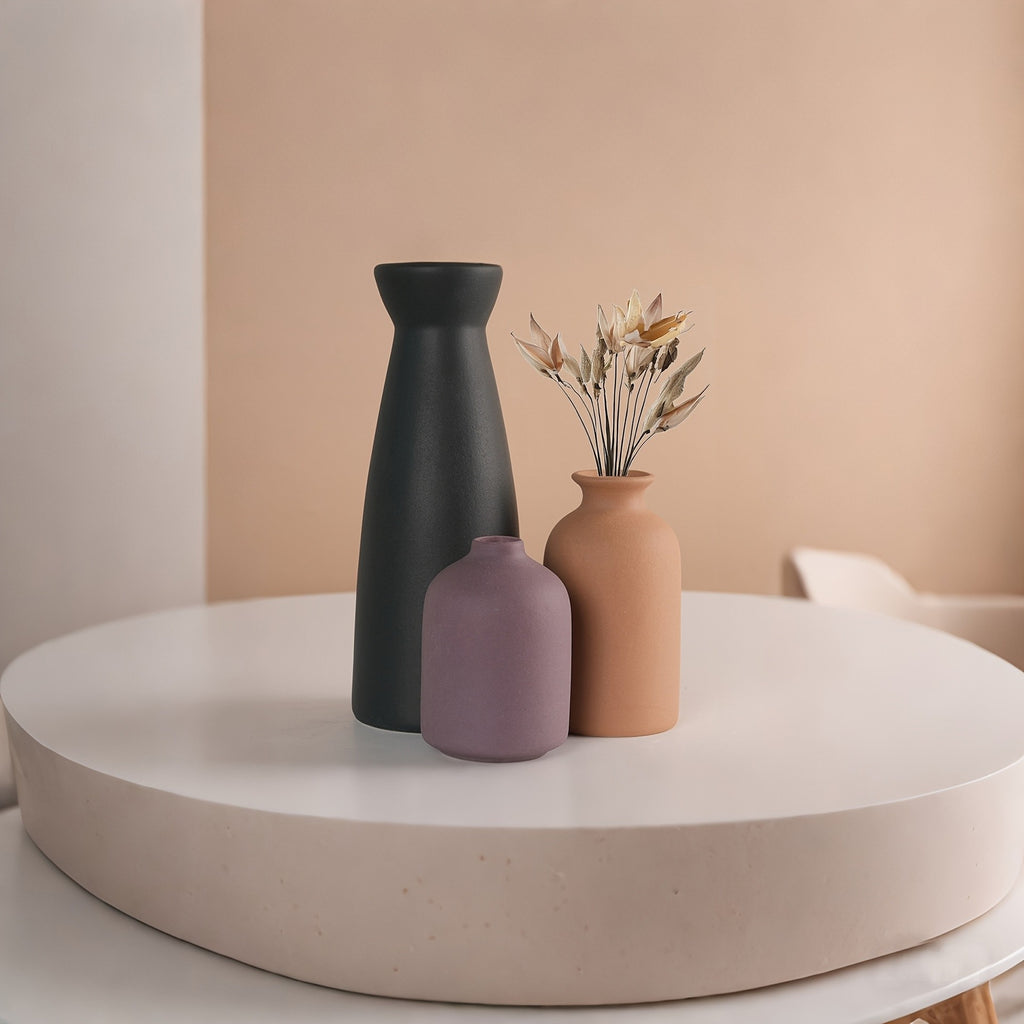Boho Ceramic Vase Set 3pcs Matte Nordic Minimalist Geometric & Floral Designs, Decorative Vases for Living Room, Entryway, Bookshelf, TV Console & Bathroom Vanity, Holiday & Birthday Gift